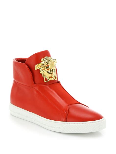 versace black and red leather high top sneakers|high top versace sneakers men.